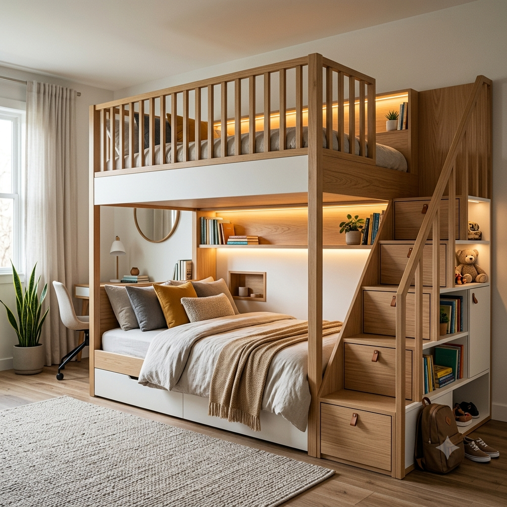 Bunk bed with integrated staircase storage, space efficient multi level sleeping system for compact homes